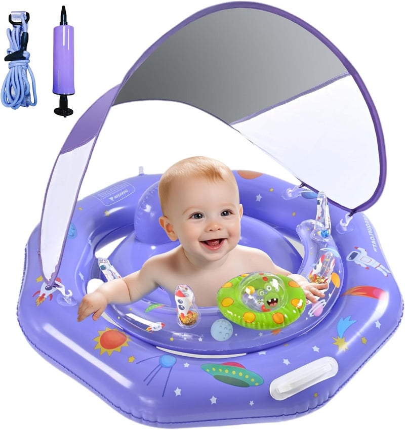 GEEQUFLOAT Baby Pool Float with Canopy,Interactive Toy Play Console & Adjustable Safety Seat | Infant Pool Float with Handle | Baby Float with Canopy Removable UPF50+ Sun Protection for Pool, Lake & Beach - Image 1